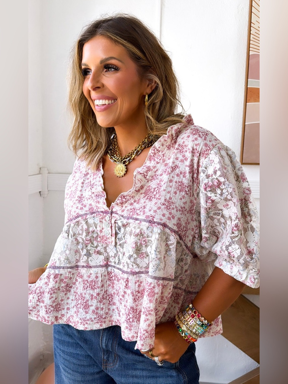 POL~ Boho Floral Peasant Top in Blush Pink
